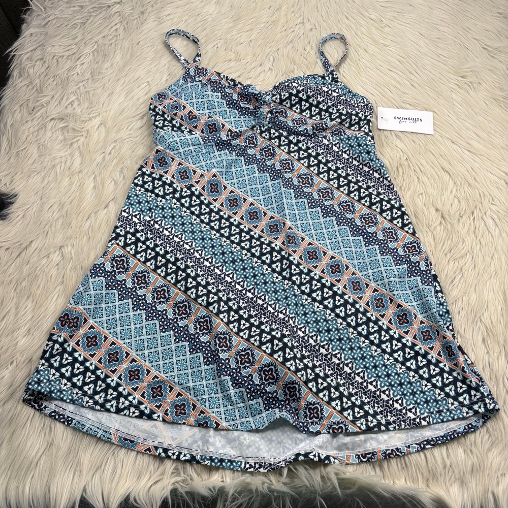 NWT Swimsuits For All Women's 10 Blue Geo Stripe Tie Front Underwire Swimdress